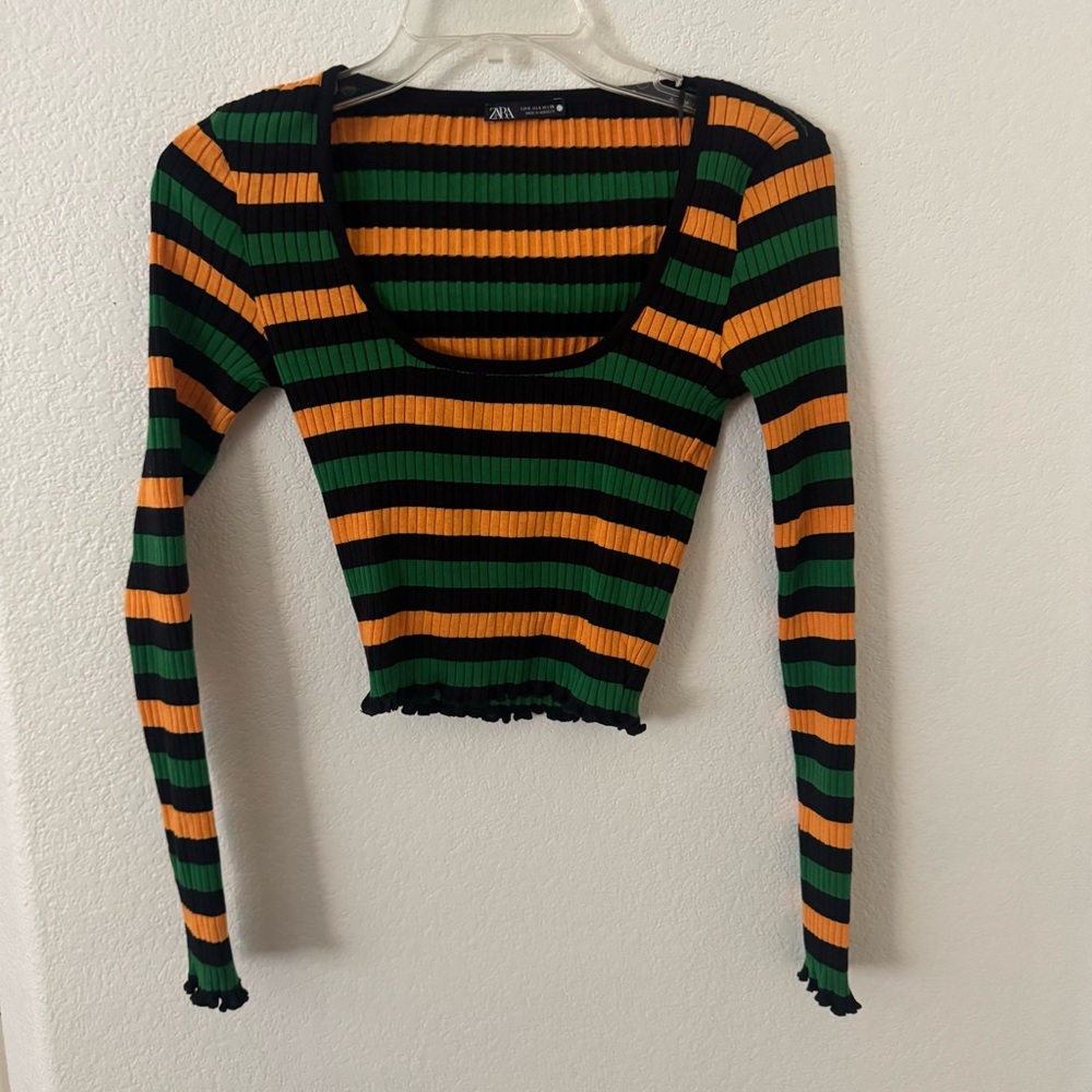3/$15 Zara Women's Striped Long Sleeve Top - Green and Orange
